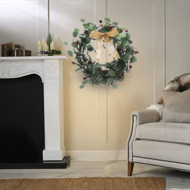 60cm Green Eucalyptus Pinecone Christmas Wreath with Hessian Bow