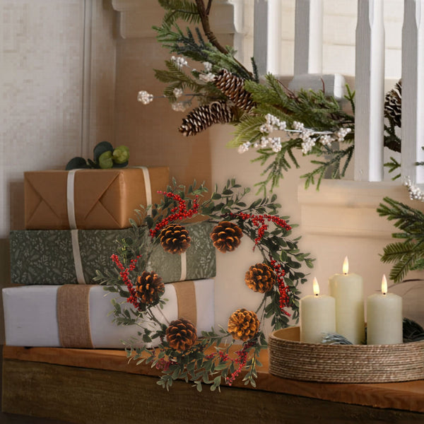 40cm Holly Berry Pine Cone Christmas Wreath