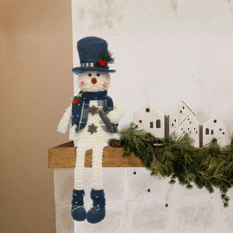 60cm Plush Sitting Snowman with Dangly Legs Wearing a Blue Hat and Scarf