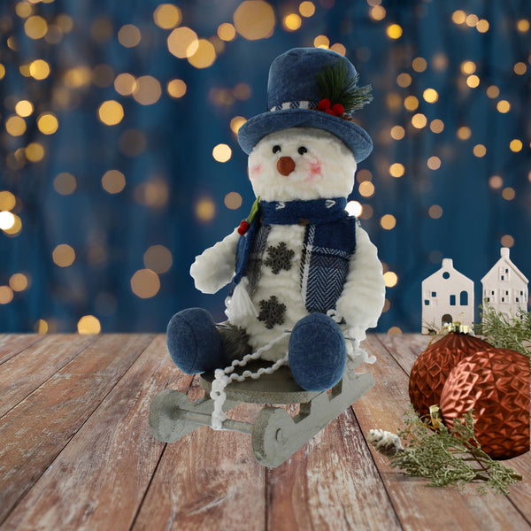 25cm Plush Snowman Sitting on Wooden Sledge Christmas Display