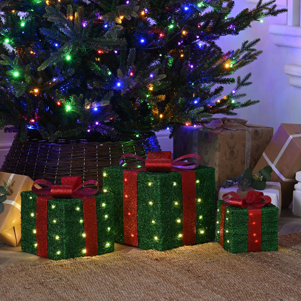 Set of 3 Battery Powered Lit Green Christmas Present Gift Boxes with Red Bows