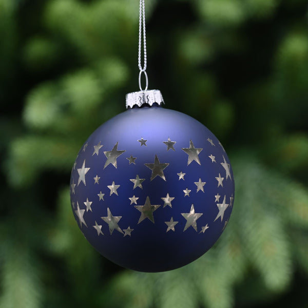8cm Matt Midnight Blue Glass Christmas Bauble with Silver Stars