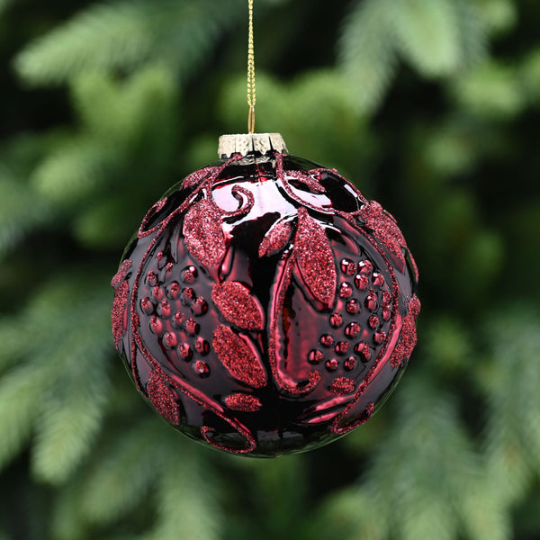 10cm Burgundy Bauble with Red Glitter Leaves and Grapes Glass Christmas Tree Decoration