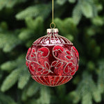 9cm Red and Gold Glitter Leaves Glass Bauble Christmas Tree Decoration