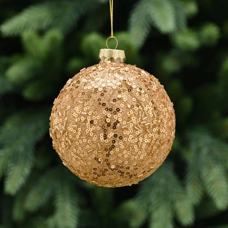 10cm Champagne Gold Glass Bauble with Sequins and Beads Christmas Tree Decoration