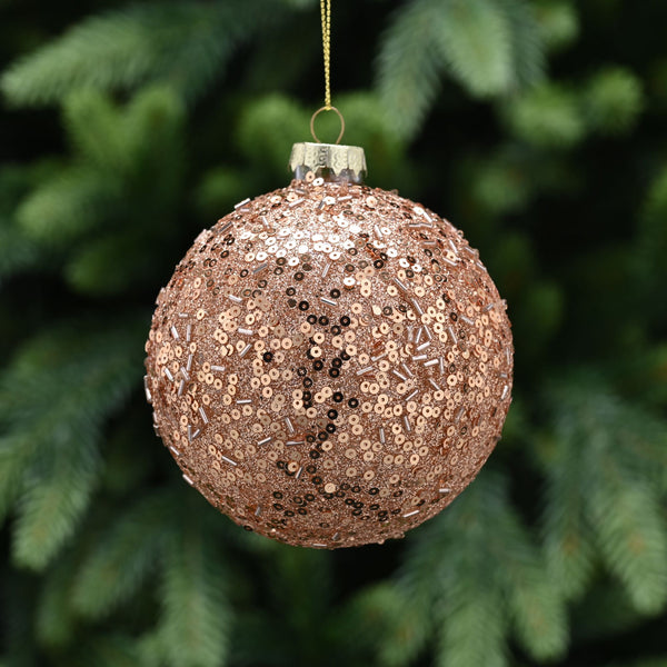 10cm Champagne Gold Glass Bauble with Sequins and Beads Christmas Tree Decoration