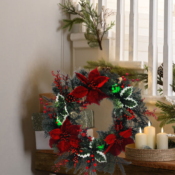 46cm Red Poinsettias Green Baubles Holly Christmas Wreath