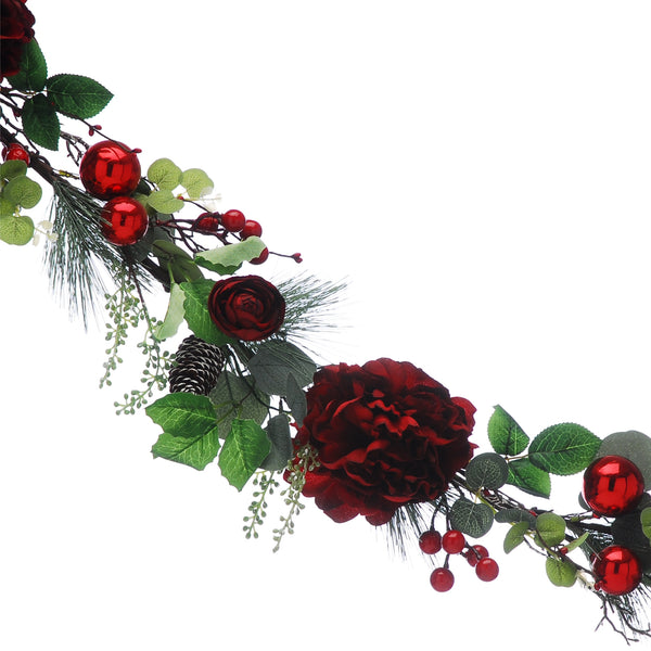 152cm Red Peonies and Red Berries Christmas Garland