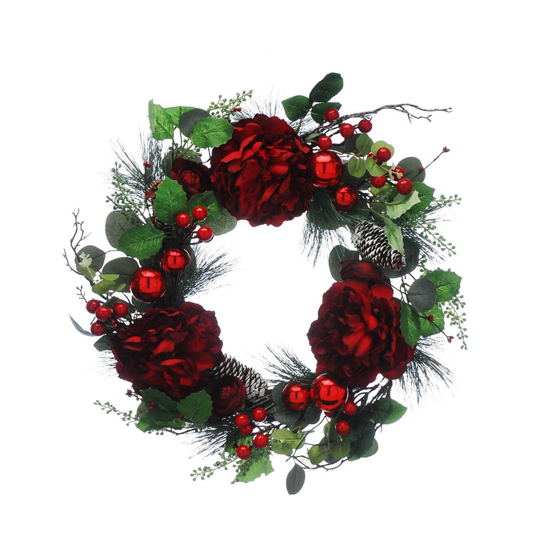61cm Red Peonies and Red Berries Christmas Wreath