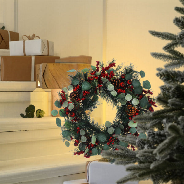 56cm Green Leaves Red Berries and Pinecones Christmas Wreath