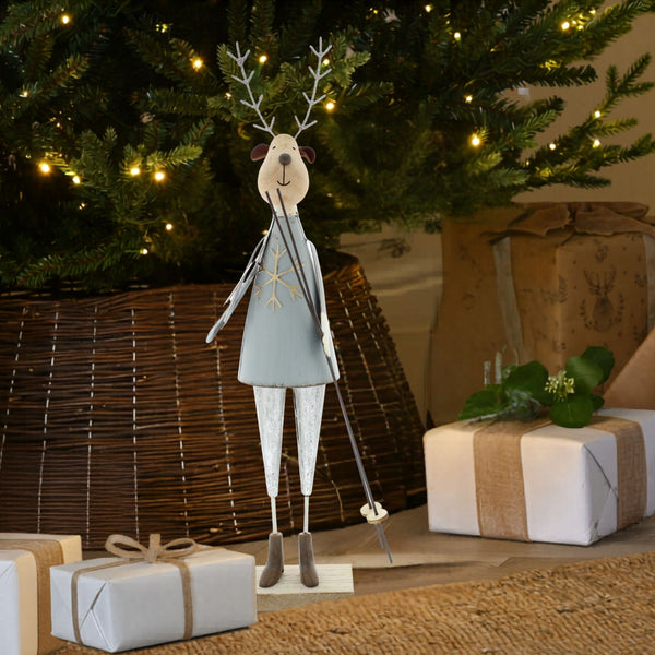 34cm Standing Metal Reindeer with Ski Poles for Christmas Display