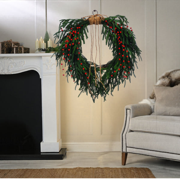 61cm Red Berries Green Spruce Heart Shaped Christmas Wreath