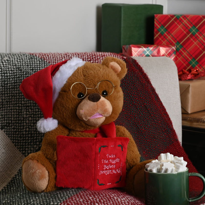 26cm Battery Operated Animated Storytelling Christmas Bear with Book and Santa Hat