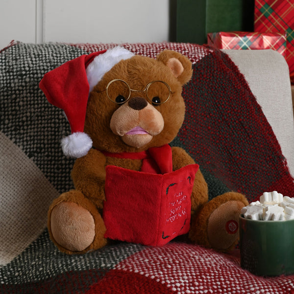 26cm Battery Operated Animated Storytelling Christmas Bear with Book and Santa Hat
