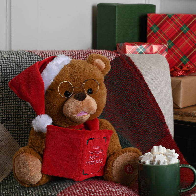 26cm Battery Operated Animated Storytelling Christmas Bear with Book and Santa Hat