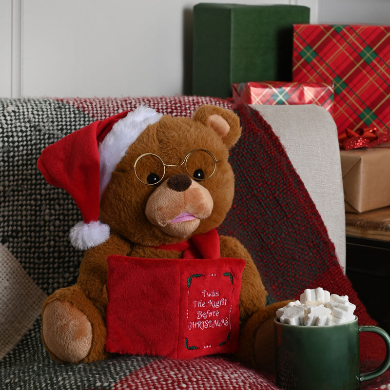 26cm Battery Operated Animated Storytelling Christmas Bear with Book and Santa Hat