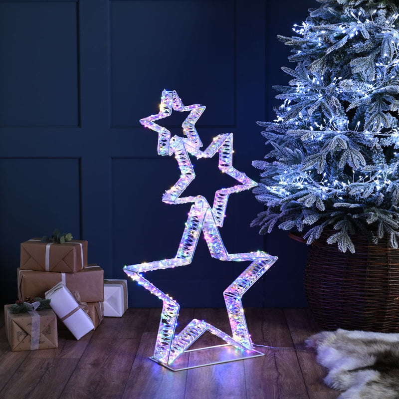 80cm Stack of 3 Rainbow Twist Christmas Stars with 350 Micro Multi Coloured LEDs