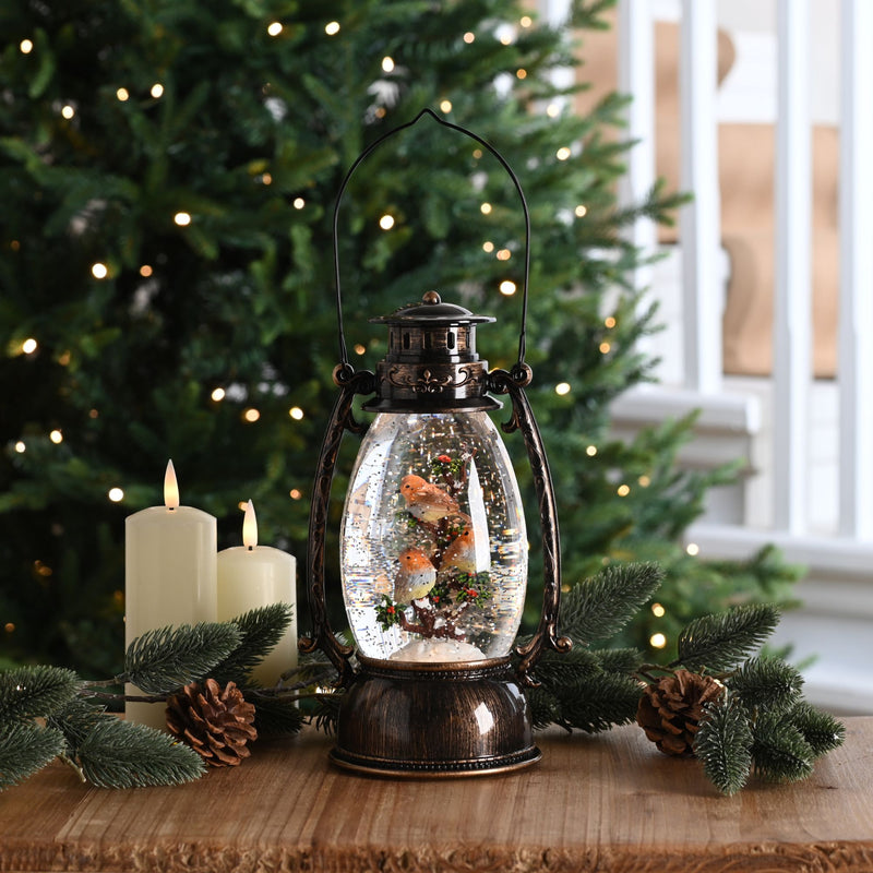 24cm Battery Operated Christmas Robins on Branch Scene Magical Christmas Water Spinner