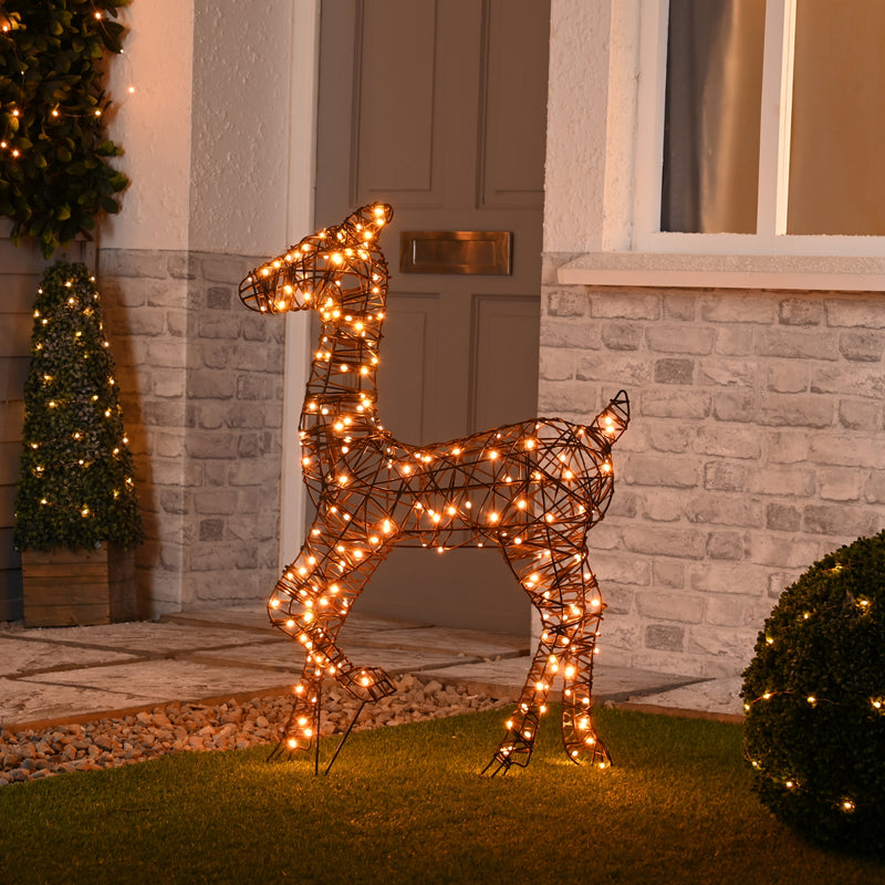 87cm Brown Faux Rattan Christmas Doe Lit with 200 Antique Gold LEDs