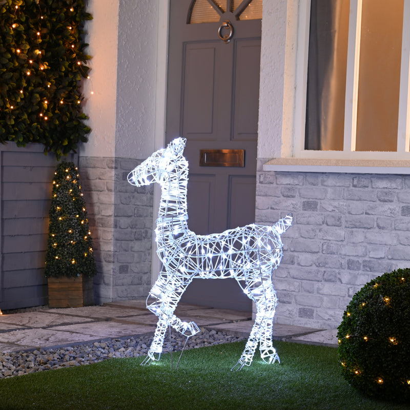 87cm White Faux Rattan Christmas Doe Lit with 200 White LEDs
