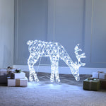 92cm White Faux Rattan Christmas 2D Grazing Stag Lit with 160 White LEDs