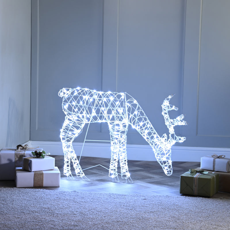 92cm White Faux Rattan Christmas 2D Grazing Stag Lit with 160 White LEDs