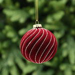 8cm Red Flocked Swirl Glass Bauble with Gold Glitter Christmas Tree Decoration