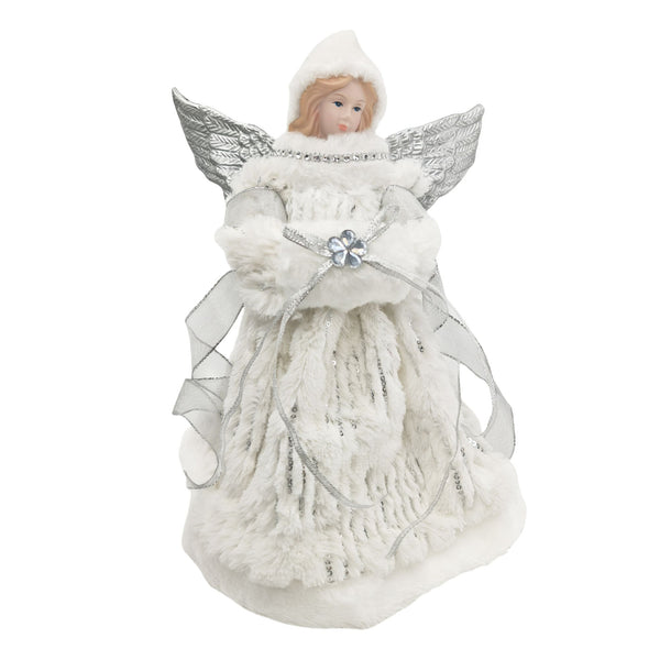 30cm White and Silver Fluffy Angel Christmas Tree Topper