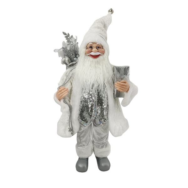 60cm Silver and White Christmas Standing Santa with Present Sack