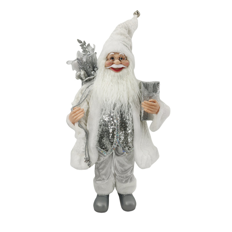 60cm Silver and White Christmas Standing Santa with Present Sack