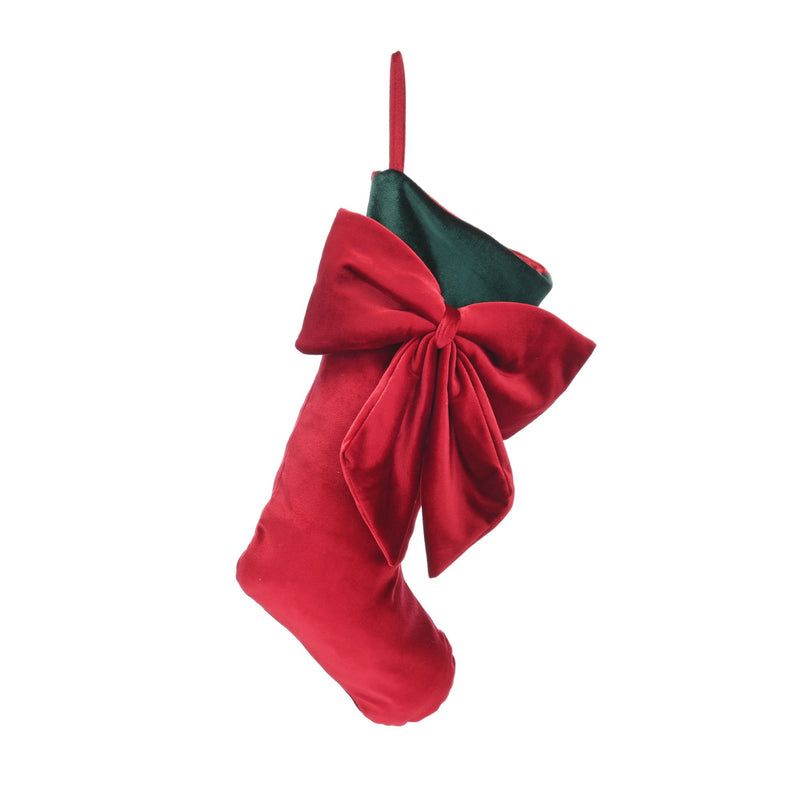 46cm Red Velvet Christmas Stocking with Red Bow and Green Cuff