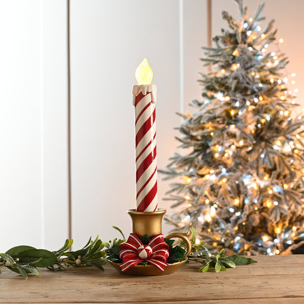 45cm Battery Operated Striped Candle with Holly and Red Ribbon