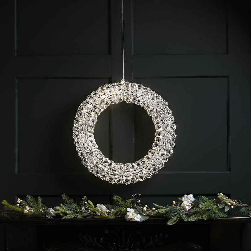 50cm Silver Spiral Twirl Christmas Wreath with 500 Warm White LEDs