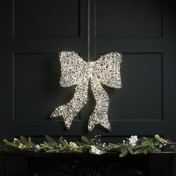 57cm Lit Silver Spiral Twirl Christmas Hanging Bow