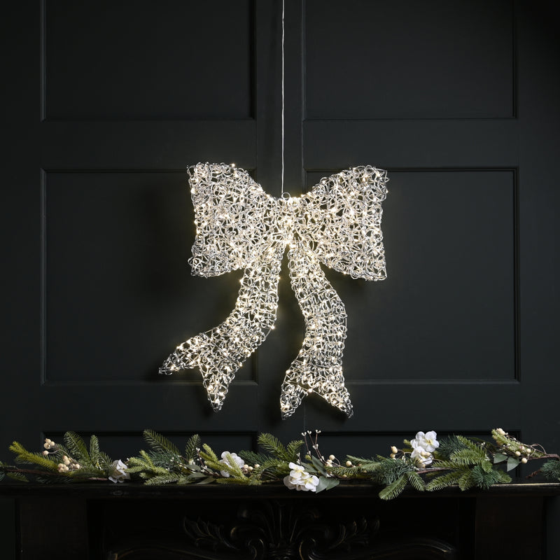 57cm Lit Silver Spiral Twirl Christmas Hanging Bow
