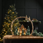 38cm Battery Operated Wooden Christmas Village Scene with Jute Rope Wreath
