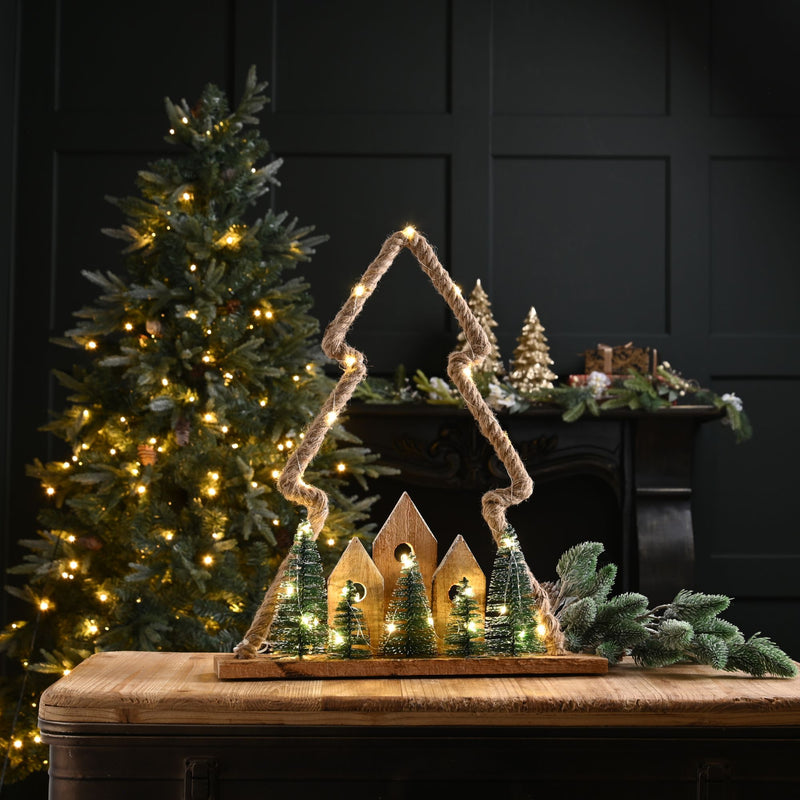 47cm Battery Operated Wooden Village with Jute Rope Christmas Tree