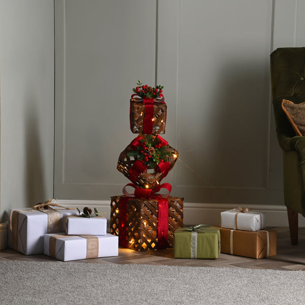 76cm Dark Faux Rattan Christmas Present Stack with Red Ribbon