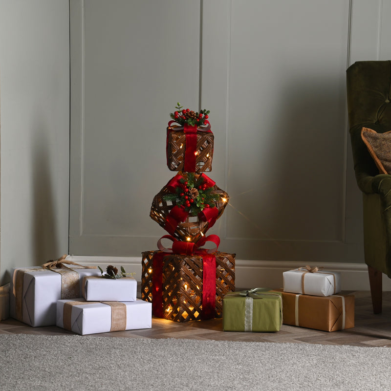 76cm Dark Faux Rattan Christmas Present Stack with Red Ribbon