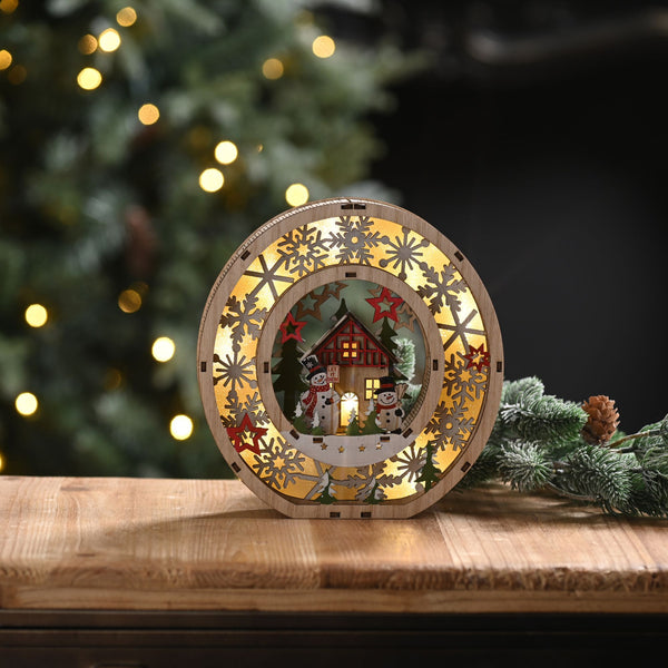 19cm Battery Operated Wooden Snowman Christmas Wreath