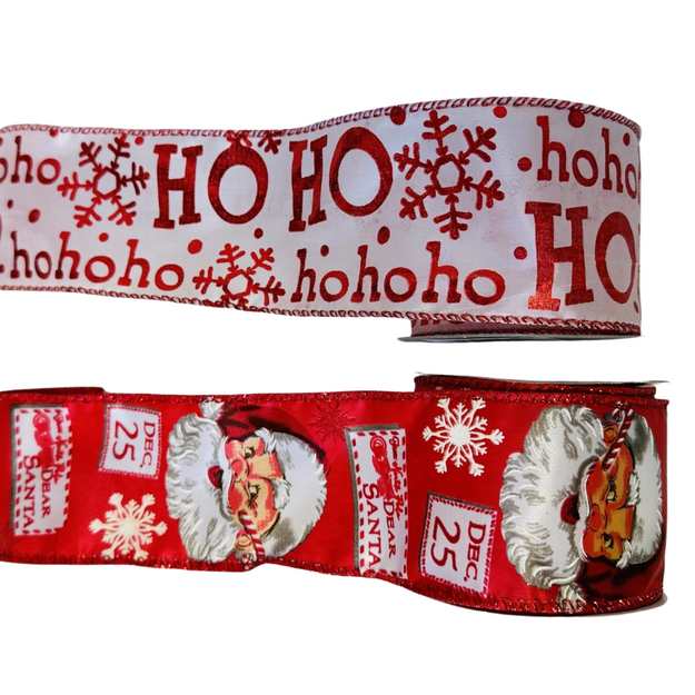 2.7m Decorative Wired Ho Ho Ho Santa Christmas Ribbon ~ Pack of 2