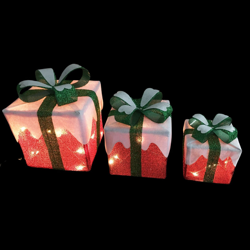 Set of 3 Green and Red Snow-Covered LED Lit Christmas Presents