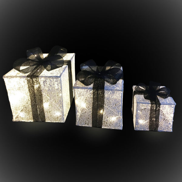 Set of 3 Cream and Black LED Lit Christmas Presents