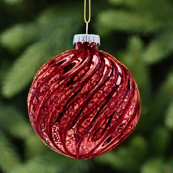8cm Antique Red Spiral Glass Christmas Tree Bauble with Glitter