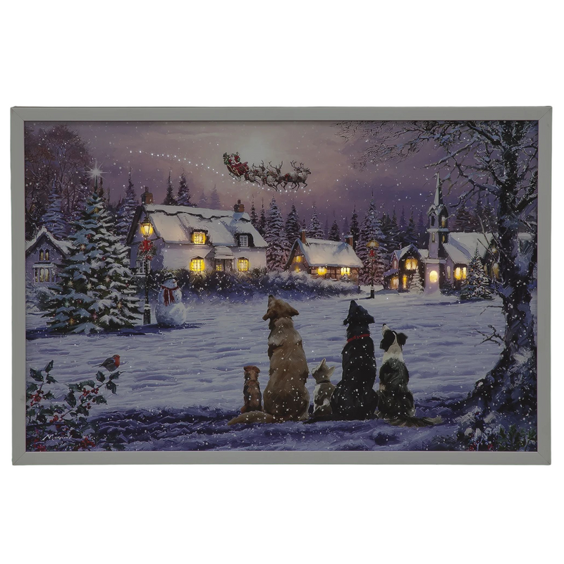 60cm Dogs Watching Santa LED Lit Wall Art Christmas Canvas