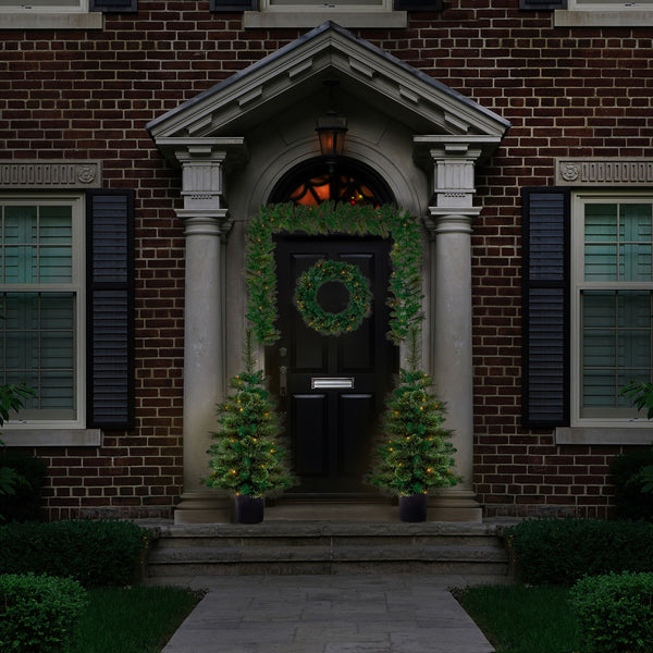 Christmas Front Door Package with Pre Lit Trees Wreath and Garland