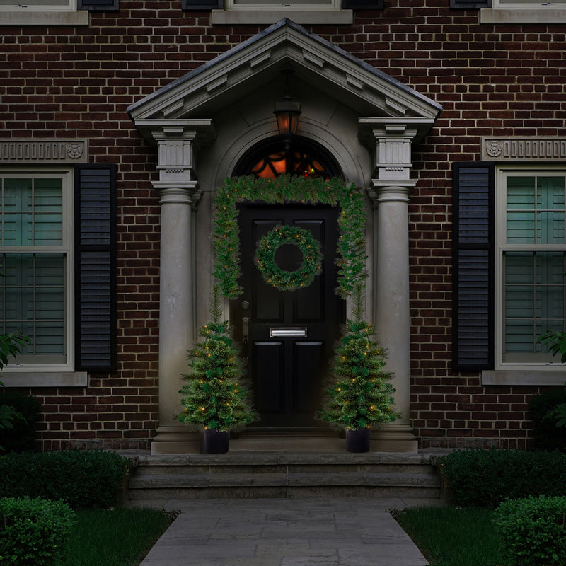 Christmas Front Door Package with Pre Lit Trees Wreath and Garland