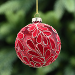 8cm Red Glass Christmas Tree Bauble with Gold Edging Leaf Design