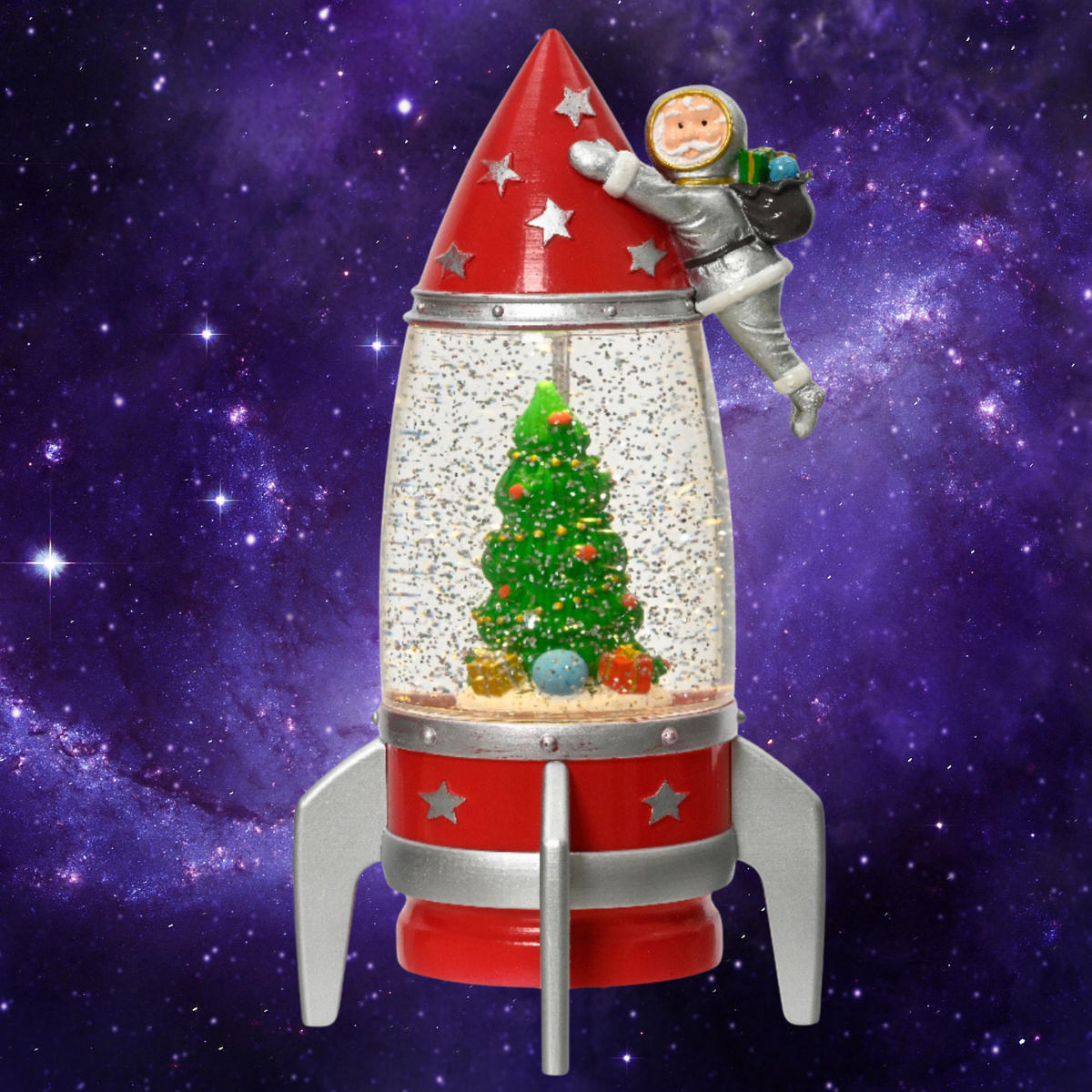 Rocket Ship Magical Christmas Water Spinner with Santa Astronaut