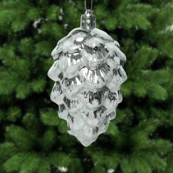 Pack of 6 Silver Pinecone with Glitter Christmas Tree Decorations